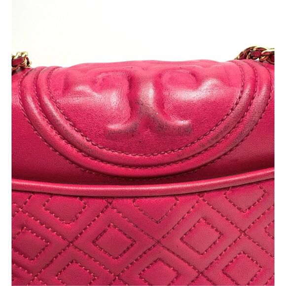 Tory Burch Fleming Quilted Magenta Convertible Shoulder Bag Gold Chain Tassel - Picture 7 of 11